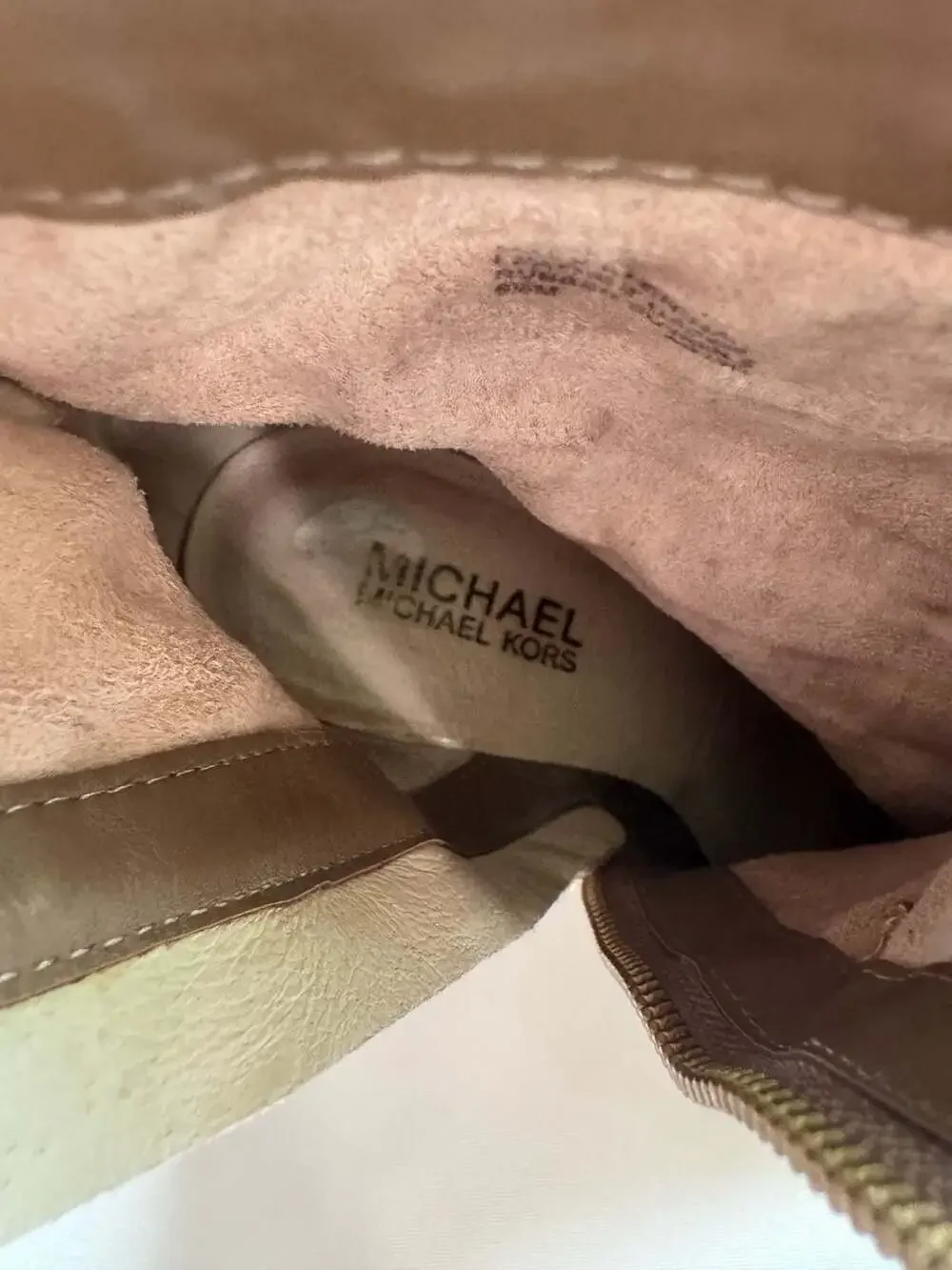 Michael Kors Suede Ankle Boots Gold Logo Heel Side Zip Women’s 6.5 Taupe